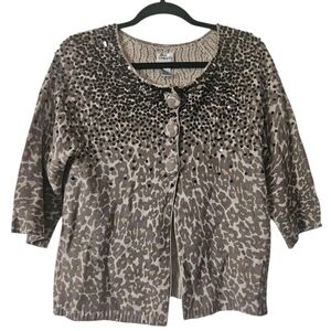 Chico's Leopard Print Metallic Sequin 3/4 Sleeve Cardigan Sweater Women 1 (M)